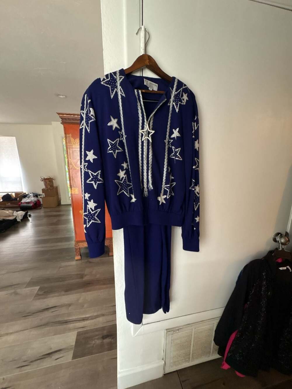 St. John Evening by Marie Gray Navy Santana Knit Rhinestone Star Bomber Jacket a